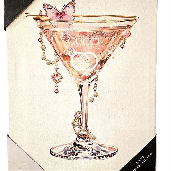 Design District Hand Embellushed Gucci Martini Butterfly Glass Canvas Wall Decor - Picture 1 of 6
